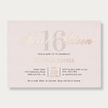 Invitation En Aluminium Luxe Elegant Rose Sweet 16<br><div class="desc">Célébrez dans le style avec cette invitation Sweet 16 luxueuse et élégante. En haut, le titre "Sweet sixteen" est écrit dans un script gracieux, superposant élégamment le numéro 16 dans une police serif haute et sophistiquée. Cette conception dégage un sentiment d'opulence et de raffinement, parfait pour marquer un jalon aussi...</div>