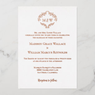 Invitation En Aluminium Luxe Elegant Wreath Monogram Rose Mariage or