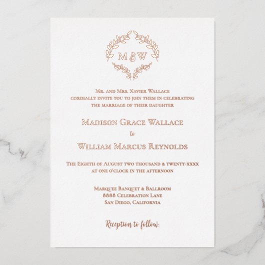 Invitation En Aluminium Luxe Elegant Wreath Monogram Rose Mariage or (Recto)