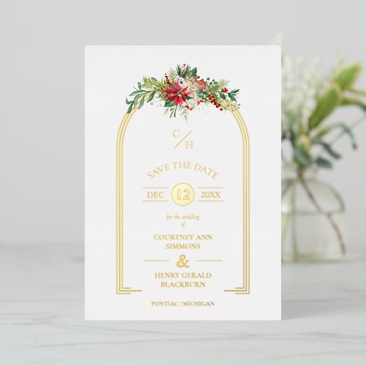 Invitation En Aluminium Luxe Fancy Initials Arch Floral Noël (Debout devant)