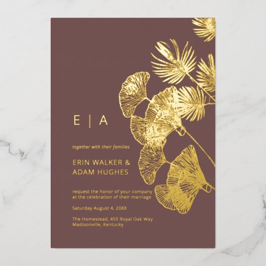 Invitation En Aluminium Luxe Gingko Leaf Real Gold Mariage (Recto)