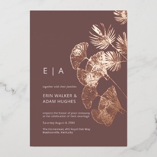 Invitation En Aluminium Luxe Gingko Leaf Real Rose Mariage or (Recto)