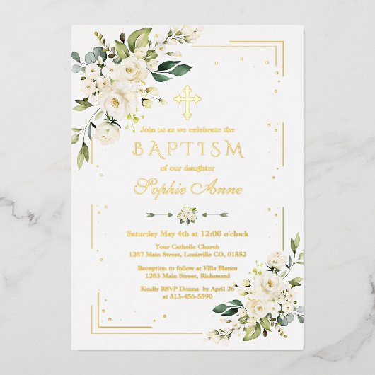 Invitation En Aluminium Luxe GOLD FOIL Fleurs blanches Fille Baptême (Recto)