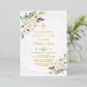 Invitation En Aluminium Luxe GOLD FOIL Fleurs blanches Fille Baptême (Debout devant)