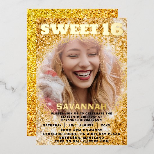 Invitation En Aluminium Luxe Gold Foil & Parties scintillant Photo Sweet 1 (Recto/Verso)