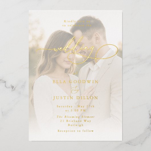 Invitation En Aluminium Luxe Gold Foil Script & Mariage Portrait (Recto)