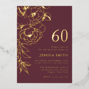 Invitation En Aluminium Luxe ligne d'art bordeaux pour 60 ans en or