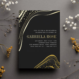 Invitation En Aluminium Luxe Liquide Marbre Noir & Or Quinceanera