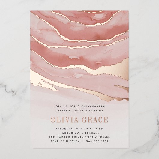 Invitation En Aluminium Luxe Marbre rose Quinceanera (Recto)