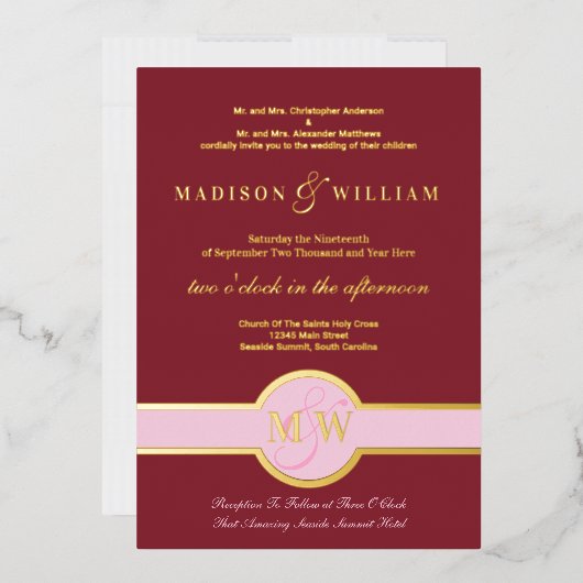 Invitation En Aluminium Luxe Monogram Moderne Mariage Bourgogne Or (Enveloppe)