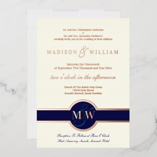 Invitation En Aluminium Luxe Monogram Moderne Mariage Marine Rose Gold (Enveloppe)