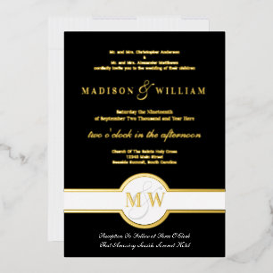 Invitation En Aluminium Luxe Monogramme Mariage Moderne Noir Et Or Feuille