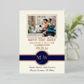 Invitation En Aluminium Luxe Monogramme Photo Enregistrer La Date Marine R (Debout devant)