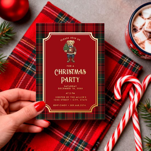 Invitation En Aluminium Luxe Preppy Plaid Christmas Teddy Bear