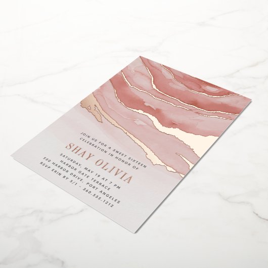 Invitation En Aluminium Luxe Sweet sixteen en marbre rose (Rotation)