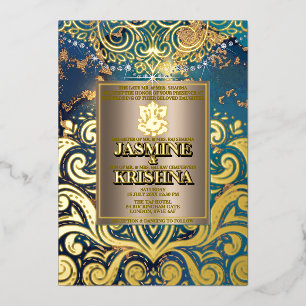 Invitation En Aluminium LuxGlitter Bleu Or Ganesha Mariage Indien