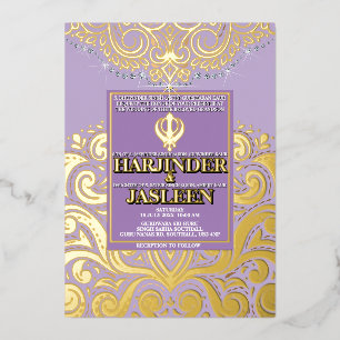 Invitation En Aluminium LuxGlitter Lavender Gold Sikh Anand Karaj Mariage