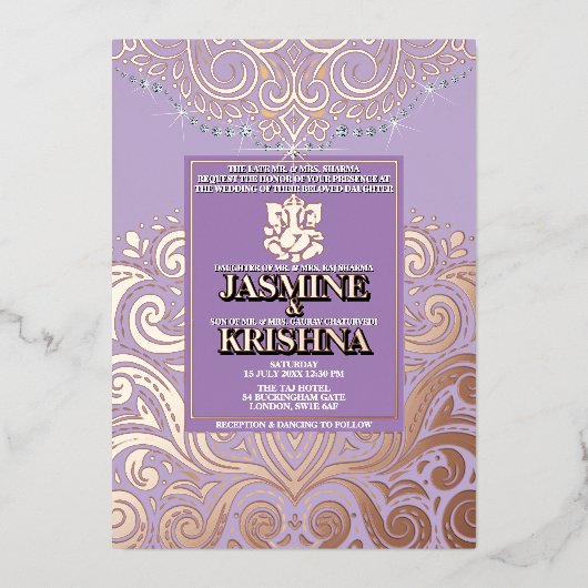 Invitation En Aluminium LuxGlitter Lavender PinkGold Ganesha Mariage hindo (Recto)