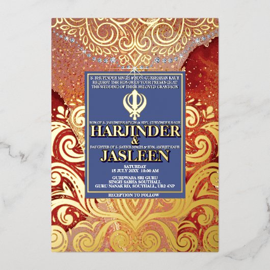 Invitation En Aluminium LuxGlitter Mariage indien Sikh Anand Karaj (Recto)