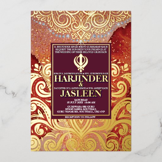 Invitation En Aluminium LuxGlitter Mariage indien Sikh Anand Karaj (Recto)