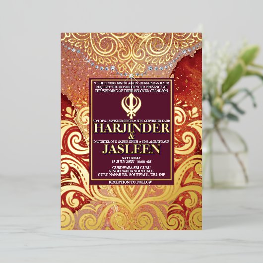 Invitation En Aluminium LuxGlitter Mariage indien Sikh Anand Karaj (Debout devant)