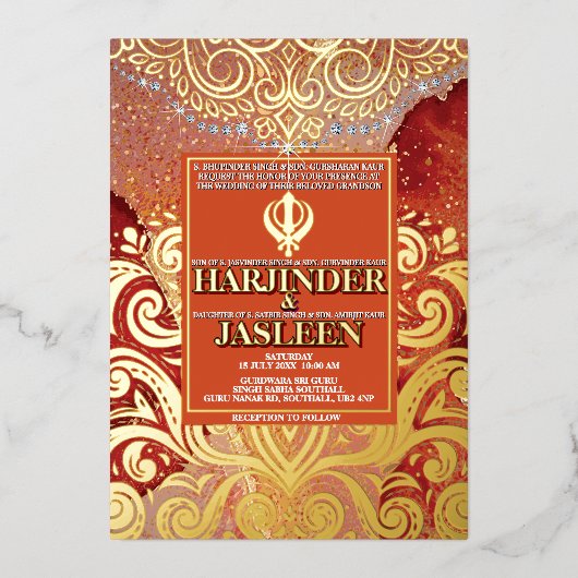 Invitation En Aluminium LuxGlitter Mariage indien Sikh Anand Karaj (Recto)