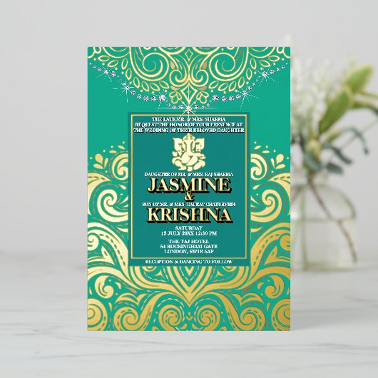 Invitation En Aluminium LuxGlitter Peacock Gold Ganesha Mariage hindou (Debout devant)
