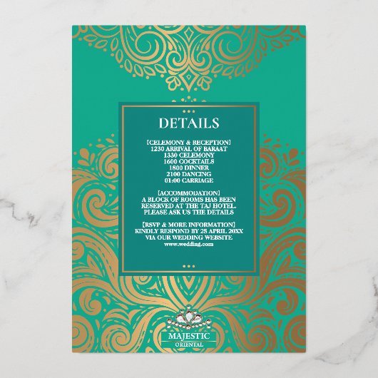 Invitation En Aluminium LuxGlitter Peacock Gold Ganesha Mariage hindou (Verso)