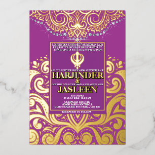 Invitation En Aluminium LuxGlitter Purple Gold Sikh Anand Karaj Mariage