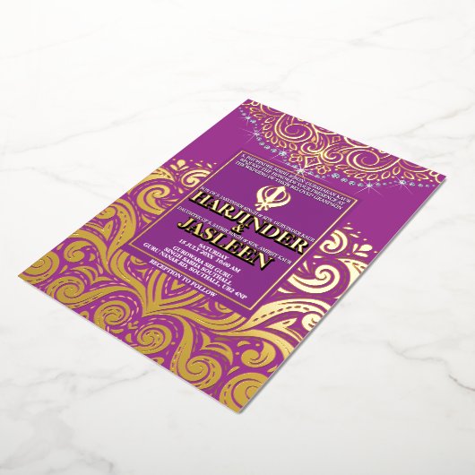 Invitation En Aluminium LuxGlitter Purple Gold Sikh Anand Karaj Mariage (Rotation)