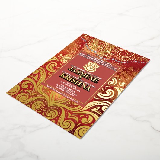 Invitation En Aluminium LuxGlitter Red Gold Mariage indien Hindu Ganesha (Rotation)
