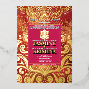 Invitation En Aluminium LuxGlitter Rouge Or Hindou Ganesha Indien
