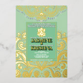 Invitation En Aluminium LuxGlitter Sage Green Gold Ganesha Mariage hindou (Recto)