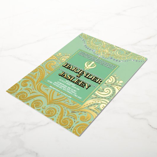 Invitation En Aluminium LuxGlitter Sage Vert Or Sikh Anand Karaj Weddin (Rotation)