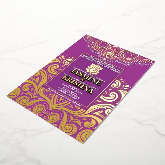 Invitation En Aluminium LuxGlitter violet or Ganesha Mariage hindou (Rotation)