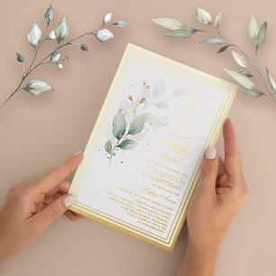 Invitation En Aluminium Luxueux Eucalyptus Vert pour une Première Naissanc