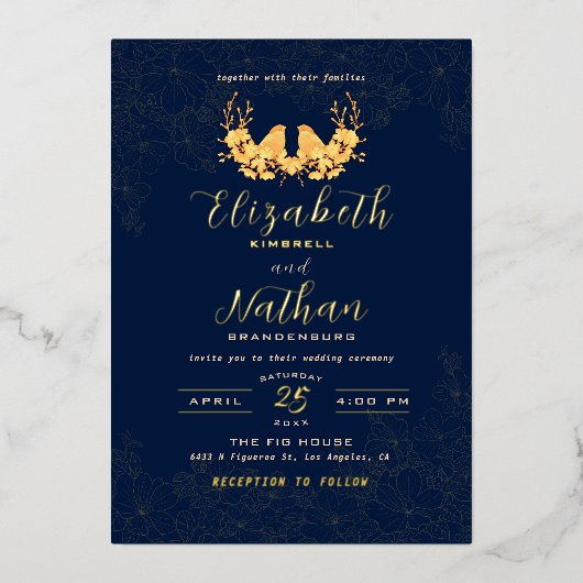 Invitation En Aluminium Luxueux motif floral oiseaux or bleu marine (Recto)