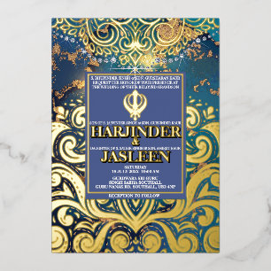 Invitation En Aluminium Luxueux Pailleté Bleu Sikh Anand Karaj Indien