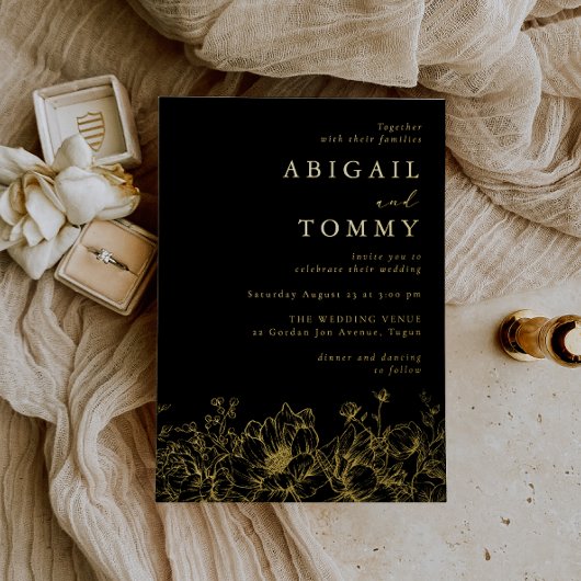 Invitation En Aluminium Luxurious Golden Floral Modern Black Wedding Gold