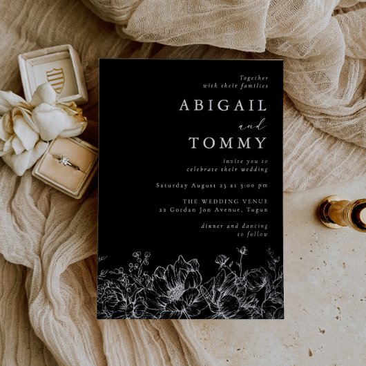 Invitation En Aluminium Luxurious Silver Foil Floral Modern Black Wedding