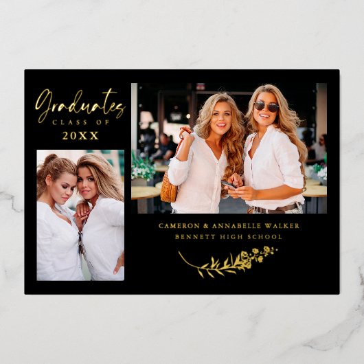 Invitation En Aluminium Luxury Double Graduation Golden Branches 2 Photos  (Recto)
