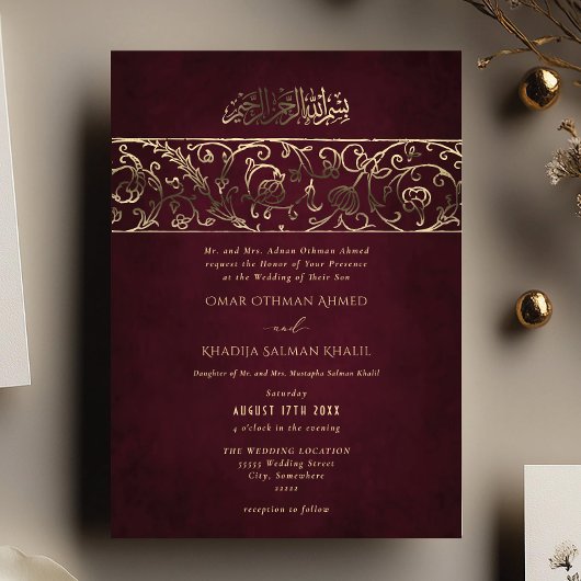 Invitation En Aluminium Luxury Floral Burgundy & Gold Islamic Wedding