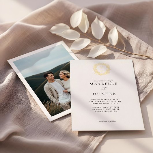 Invitation En Aluminium Luxury Floral Vine Crest Monogram Wedding Photo