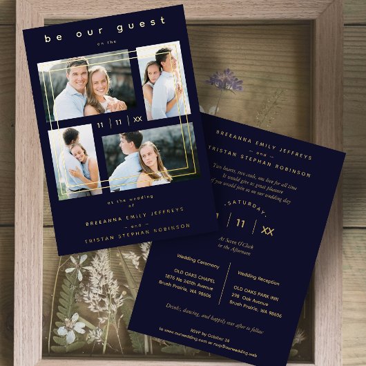 Invitation En Aluminium Luxury Modern 4 Photos Collage Navy Blue