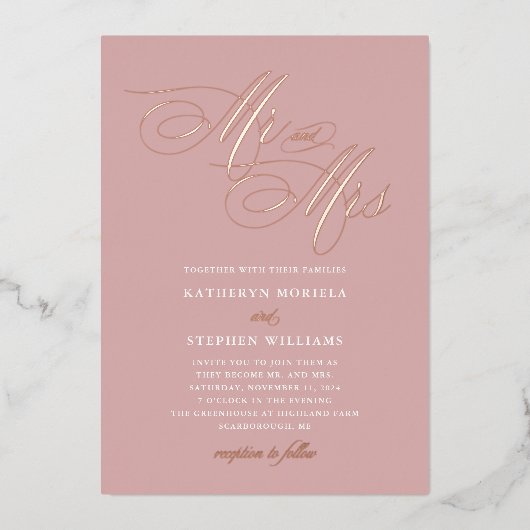 Invitation En Aluminium M. & Mme Calligraphy Mariage Rose Gold (Recto)