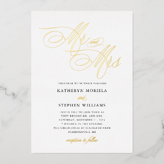 Invitation En Aluminium M. & Mme Classic Calligraphy Mariage Gold (Recto)