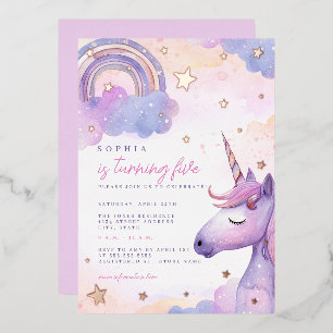 Invitation En Aluminium Magique Violet Unicorn Étoiles Filles Anniversaire