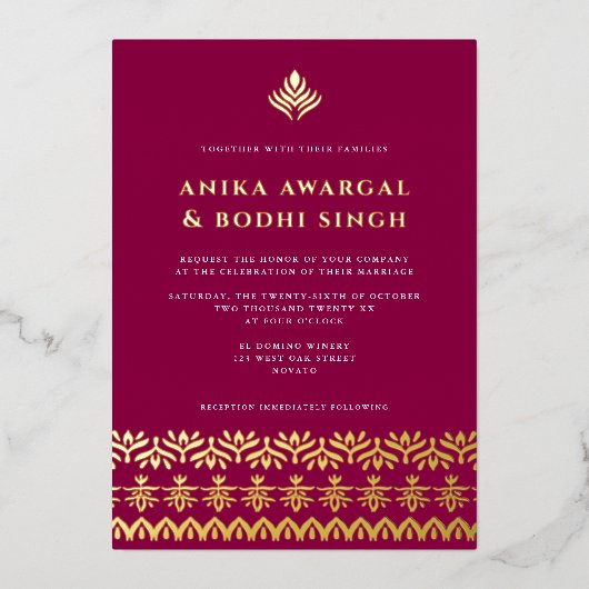 Invitation En Aluminium Magnifique Mariage frontalier indien orné VRAI (Recto)