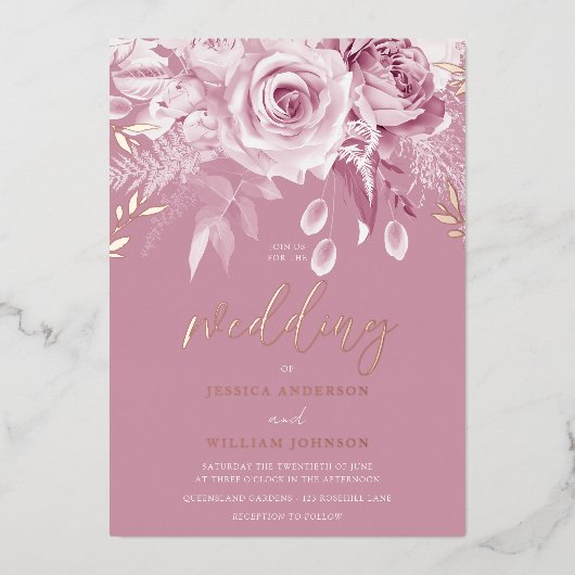 Invitation En Aluminium Magnifique rose rose Mariage Rose or (Recto)