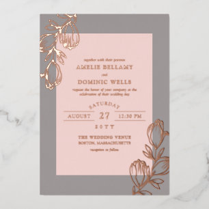 Invitation En Aluminium Magnolia Bourgeons Rouge Pâle Gris Or Rose Mariage